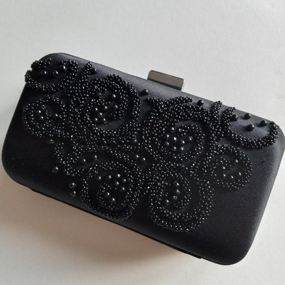 Ann Taylor Handbags - Ann Taylor Black and Gold Beaded Hard Clutch Purse
